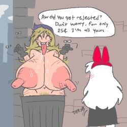 2girls beanie before_sex big_breasts blonde_hair blush breasts cheap cheap_whore dirty dirty_blonde_hair eyes_closed flies flies_for_smell gloves hobo_women_(lewdicrousart) homeless homeless_female lewdicrousart lotty's_adventure lotty_(megadingus) nude pubic_hair puffy_nipples tagme text tongue_out trash_can