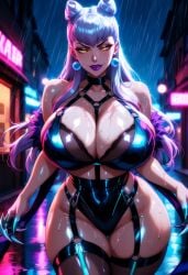 1girl ai_generated bokeh_background breasts curvy elbow_gloves evelynn evelynn_(league_of_legends) gaddariat gloves huge_breasts k/da_all_out_series k/da_evelynn k/da_series large_breasts league_of_legends looking_at_viewer neon patreon rain riot_games slim_waist voluptuous