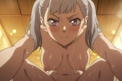 1girl ai ai_art ai_generated backlighting black_clover blush breasts ceiling closed_mouth completely_nude cowgirl_position from_below frown girl_on_top grey_hair hanging_breasts implied_sex indoors looking_at_viewer medium_breasts medium_hair navel nipples noelle_silva nude out-of-frame_censoring pov purple_eyes solo squatting_cowgirl_position sweat twintails wet