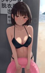 1girl absurdres bare_shoulders beach bikini black_bikini black_hair blue_sky blush breasts brown_eyes cleavage cloud collarbone commentary_request day highres holding holding_swim_ring innertube large_breasts looking_at_viewer navel ocean original outdoors short_hair sky smile swim_ring swimsuit water
