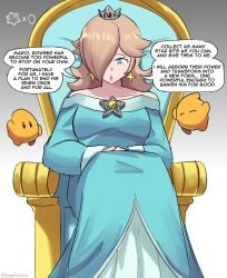 blonde_hair blue_eyes emmarrgus hair_over_one_eye looking_at_viewer luma princess_rosalina seated talking_to_viewer
