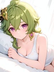 1girl absurd_res absurdres ahoge ai-created ai-generated ai_art ai_generated artist_name athletic_female bangs bare_arms bare_shoulders blush boobs breasts bust chest cleavage closed_mouth collarbone collei_(genshin_impact) crossed_bangs earrings female fit_female genshin_impact green_hair gumtoof hair_between_eyes hair_ornament hi_res high_quality high_resolution jewelry looking_at_viewer lying medium_breasts morning on_bed on_side patreon pillow purple_eyes shirt sleeveless solo stable_diffusion tagme tank_top tits uncensored white_shirt white_tank_top