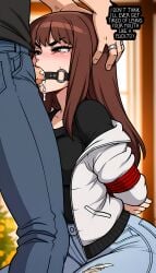 1boy 1girl 1girls ai_generated arms_behind_back blush bound bound_arms bound_wrists brown_eyes brown_hair captured captured_female crying english english_text fellatio forced forced_oral gag gagged head_grab irrumatio kiruko_(tengoku_daimakyou) kneeling open_mouth open_mouth_gag oral oral_penetration oral_sex rape rasilinai restrained restrained_arms ring_gag rope stable_diffusion tagme tearing_up tengoku_daimakyou text