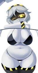 1girls alaki_zezo areola areola_slip areolae_slip ass big_areola big_ass big_breasts big_thighs bikini breasts drone female female_focus female_only gigantic_breasts huge_ass huge_breasts huge_thighs legwear long_hair looking_at_viewer murder_drones robot robot_girl screen_face silver_hair sweat sweatdrop sweating thick_thighs thighs twintails v_(murder_drones) yellow_eyes