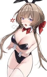 1girl absurdres alternate_costume animal_ear_hairband animal_ears arms_under_breasts black_leotard bow bowtie breasts brown_hair bunny_day cleavage commentary_request detached_collar fake_animal_ears genshin_impact hairband hal_aluha highres large_breasts leotard long_hair long_sidelocks looking_at_viewer playboy_bunny purple_eyes rabbit_ear_hairband rabbit_ears red_bow red_bowtie sandrone_(genshin_impact) sidelocks simple_background solo strapless strapless_leotard thighhighs white_background white_thighhighs wrist_cuffs