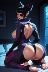 1girl ai_generated anus ass barefoot black_hair bodysuit breasts feet han_juri hi_res high_quality high_resolution indoors juri_han kiraamane large_breasts looking_at_viewer looking_back nipples patreon pussy seductive sexy solo street_fighter sweat toeless_legwear toes uncensored