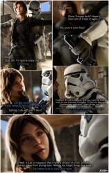 akkonsfw armor armored armored_male brown_hair brunette brunette_female brunette_hair clothed clothes clothing dominant_male dubious_consent female jyn_erso larger_male long_hair long_hair_female male ponytail shorter_female smaller_female star_wars stormtrooper submissive_female suggestive suggestive_gesture suggestive_look taller_male