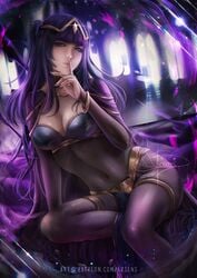 axsens big_breasts black_hair blunt_bangs bodystocking bridal_gauntlets clothed_female female female_only fire_emblem fire_emblem_awakening long_hair looking_at_viewer nintendo shh shushing solo solo_female solo_focus tharja_(fire_emblem) thick_thighs