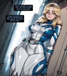 1girl ai_generated artist_name big_ass blonde_hair blue_eyes blush bodysuit breasts bubble_butt cheating cheating_(relationship) cheating_girlfriend cheating_wife closed_mouth comic comic_page curvy earrings english_text gloves highres hoop_earrings huge_breasts invisible_woman invisible_woman_(marvel_rivals) jewelry large_breasts lips long_hair looking_at_viewer marvel marvel_comics marvel_rivals multiple_panels ntr patreon_logo patreon_username phanary smile solo speech_bubble sue_storm thick thick_thighs thighs web_address white_bodysuit wide_hips