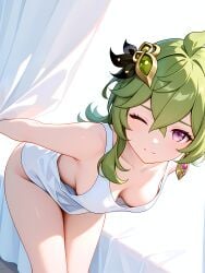 1girl absurd_res absurdres ahoge ai-created ai-generated ai_art ai_generated artist_name athletic_female bangs bare_arms bare_shoulders bent_over blush boobs breasts bust chest cleavage closed_mouth collarbone collei_(genshin_impact) crossed_bangs curtains downblouse earrings female fit_female genshin_impact green_hair gumtoof hair_between_eyes hair_ornament hi_res high_quality high_resolution jewelry leaning_forward long_hair looking_at_viewer medium_breasts morning no_bra one_eye_closed patreon purple_eyes questionable shirt sideboob sidelocks single_earring sleeveless solo stable_diffusion standing tagme tank_top thighs tits uncensored white_shirt white_tank_top