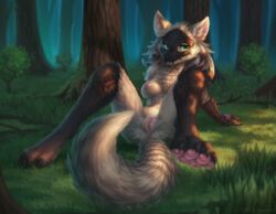 2020 anthro bandage breasts canid canine canis detailed_background digital_media_(artwork) female forest fur genitals grass green_eyes hair kyepon looking_at_viewer mammal mask milkwyvern nipples outside pawpads pussy sitting solo spread_legs spreading tree white_body white_fur wolf