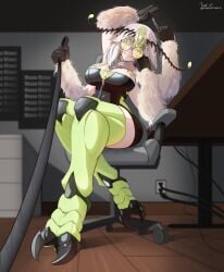 1girl 1girls absurdres antennae arthropod_girl arthropod_limbs black_leotard black_sclera breasts colored_sclera colored_skin crunchytoast33 desk extra_arms fang feet female femdom glasses green-tinted_eyewear green_eyes green_hair highres indie_virtual_youtuber insect_girl juniper_actias juniper_actias_(space_invader) large_breasts leash leotard looking_at_viewer monster_girl moth_antennae moth_girl multicolored_hair neck_fur pov round_eyewear sitting skin_fang solo thick thick_thighs thighs tinted_eyewear tits viewer_on_leash virtual_youtuber vtuber white_fur white_hair white_skin