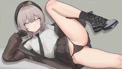 1girls beret cheyanne_(girls'_frontline_2) closed_mouth clothing female female_only fully_clothed girls'_frontline girls'_frontline_2:_exilium godon146 grey_hair hat jacket laying_down laying_on_side leg_lift leg_up long_hair looking_at_viewer lying_down lying_on_side m200_(girls'_frontline) necktie panties purple_eyes reclining shirt skirt smile upskirt