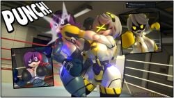 2girls big_breasts boxing boxing_gloves boxing_ring breasts catfight chalkfights cleavage female_focus female_only fight fighting fighting_ring glitch_productions huge_breasts large_breasts murder_drones onomatopoeia punch punching punching_face purple_hair robot robot_girl ryona short_hair thick thick_thighs thighs uzi_(murder_drones) v_(murder_drones) white_hair wide_hips