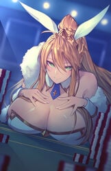 artoria_pendragon artoria_pendragon_(lancer) artoria_pendragon_(swimsuit_ruler) bunny_ears bunny_girl bunnysuit cero320 fate/grand_order fate_(series) female green_eyes large_breasts long_hair nipples nipples_visible_through_clothing ponytail servant_(fate)