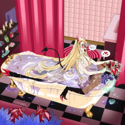1boy 1girls alastor_(hazbin_hotel) bathing bathroom bathtub black_fur blonde_hair charlie_morningstar_(hazbin_hotel) claws demon demon_girl demon_tail dragonfoxgirl hazbin_hotel hooves naked no_sex red_hair scar singing small_breasts smile vivienne_medrano vivziepop washing_hair white_skin