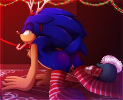 andromorph anthro anus ass candy candy_cane candy_cane_dildo christmas clothing collar cuntboy duo food genitals hi_res holidays intersex intersex/male jayaero leash legwear male pussy rule_63 sonic_(series) sonic_the_hedgehog sonic_the_hedgehog_(series) thigh_highs