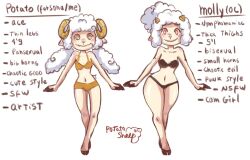 bikini character_sheet hooved_fingers hooves horns molly_(potatosheep) petite potatosheep sheep thick_thighs white_background