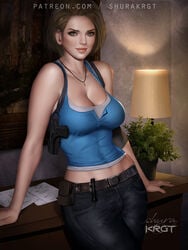 big_breasts brown_eyes brown_hair capcom clothed_female desk female female_only flashlight gun jeans jill_valentine jill_valentine_(sasha_zotova) looking_at_viewer necklace resident_evil resident_evil_3 resident_evil_3_remake short_hair shurakrgt smile solo solo_female solo_focus topwear