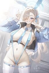 1girl 1girls asuna_(blue_archive) big_breasts blonde_hair blue_archive blue_eyes bunny_ears female female_only hair_over_one_eye huge_breasts long_hair micasa_tto necktie necktie_between_breasts one_eye_covered one_eye_obstructed peace_sign solo_female thighhighs