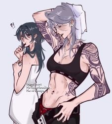 abs athletic athletic_female chief_(path_to_nowhere) female female_chief_(path_to_nowhere) female_focus female_only larger_female long_hair losstfrost muscular muscular_female pants pants_unzipped path_to_nowhere shorter_female smaller_female suggestive taller_female tattoo tattoos towel unzipped unzipped_pants yuri zoya_(path_to_nowhere)