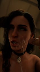 1girl 2boys 3d black_hair blowjob blue_eyes breasts captured cum cum_in_mouth cum_on_breasts cum_on_face defeated handjob light-skinned_female light-skinned_male light_skin long_hair naked naked_female nude nude_female render tagme the_witcher_(series) the_witcher_3:_wild_hunt yennefer yennefer_of_vengerberg