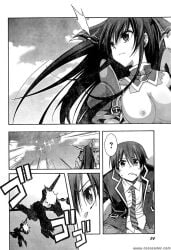 ass_length_hair big_breasts black_and_grey black_and_white boobs clouds date_a_live female flying hair_ribbon half_naked half_naked_female handdrawn handdrawn_art high_tech_armor high_tech_suit itsuka_shido manga_page naked_armor nipples nude_edit nude_filter shoulder_armor sky soldiers sweatdrop sweating_male tits topless topless_female worried_expression worried_look yatogami_tohka