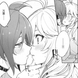 1boy 1girl blush blush_lines chin_grab eye_contact face-to-face female genshin_impact holding_chin japanese_text kissing looking_at_partner lumine_(genshin_impact) male male/female romantic shikanoin_heizou straight surprised surprised_expression
