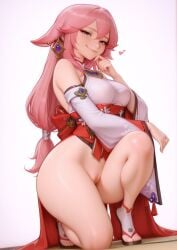 1girl ai_generated animal_ears bangs bare_shoulders blush bottomless breasts cleft_of_venus closed_mouth detached_sleeves earrings explicit fox_ears genshin_impact hair_between_eyes heart japanese_clothes jewelry large_breasts long_hair long_sleeves looking_at_viewer low-tied_long_hair no_panties nuageeart obi one_knee pink_hair purple_eyes pussy questionable sandals sash shirt simple_background sleeveless smile solo sweat thighs toes uncensored very_long_hair white_background wide_sleeves yae_miko yae_miko_(genshin_impact)