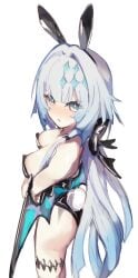 1girl animal_ears ass bare_shoulders black_leotard blue_eyes blue_hair blush breasts bunnysuit cerydra_(honkai:_star_rail) clothing cropped_legs crossed_arms fake_animal_ears fake_tail female from_side gradient_hair grey_eyes grey_hair hair_intakes hair_ornament honkai:_star_rail leotard long_hair looking_at_viewer medium_breasts multicolored_hair nose_blush playboy_bunny rabbit_ears rabbit_tail simple_background solo strapless strapless_leotard tail takahashi_hizumi thigh_strap very_long_hair white_background white_hair wings