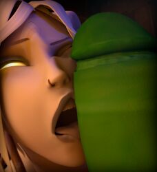 3d 3d_(artwork) apheliyass big_penis draenei draenei_female glowing_eyes light-skinned_female lightforged_draenei lightforged_draenei_female orc orc_male penis_on_face pierced_nose piercing world_of_warcraft yellow_eyes