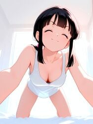 1girl absurd_res absurdres ai-created ai-generated ai_art ai_generated all_fours artist_name athletic_female backlighting bangs bare_arms bare_shoulders black_hair blunt_bangs blush boobs breasts bust chest chi-chi_(dragon_ball) cleavage closed_eyes closed_mouth collarbone curtains downblouse dragon_ball dragon_ball_super dragon_ball_z facing_viewer female fit_female foreshortening gumtoof hi_res high_quality high_resolution indoors long_hair medium_breasts morning patreon ponytail shirt sidelocks smile solo stable_diffusion tagme tank_top tits uncensored white_shirt white_tank_top window