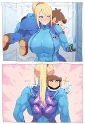 1boy 1girls abs ahegao ai_generated ass_focus back_view blush carry carrying_partner crack_ship cute huge_breasts humor mario mario_(series) metroid nervous room samus_aran shorter_male/taller_female shy smile smiling super_mario_bros. super_smash_bros. super_smash_bros._ultimate thumbs_up