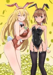 2girls :q ;q absurdres animal_ear_hairband animal_ears artist_request asymmetrical_bangs black_bow black_bowtie black_leotard black_thighhighs blonde_hair blush bow bowtie breasts brown_eyes brown_hair coin commentary_request covered_navel crotch_zipper detached_collar fake_animal_ears fake_tail fishnet_thighhighs fishnets hair_ornament hairband hairclip highres large_breasts leotard long_hair looking_at_viewer misaka_mikoto multiple_girls one_eye_closed playboy_bunny rabbit_ears rabbit_tail red_leotard shokuhou_misaki short_hair simple_background small_breasts smile sparkling_eyes tail thighhighs toaru_kagaku_no_railgun toaru_majutsu_no_index tongue tongue_out yellow_eyes