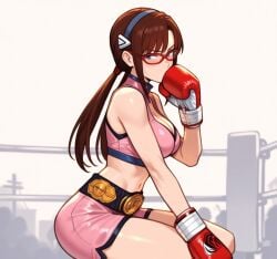 1girls ai_generated bare_arms bare_legs bare_shoulders belt black_hairband blue_eyes blue_hairband blush boots boxing_gloves breasts brown_hair cleavage closed_mouth crop_top from_side full_body glaring glasses gloves hair_ornament hairband hand_up heart interface_headset large_breasts long_hair looking_at_viewer looking_to_the_side low_twintails makinami_mari_illustrious medium_breasts midriff navel neon_genesis_evangelion parted_bangs pink_footwear pink_gloves pink_shirt pink_shorts pink_sports_bra plugsuit rebuild_of_evangelion red-framed_eyewear semi-rimless_eyewear shadow shiny_clothes shiny_skin shirt short_shorts shorts side_slit sidelocks sleeveless sleeveless_shirt solo sports_bra squatting stomach sweat sweatdrop thighs tiptoes twintails v-shaped_eyebrows white_background