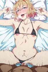 1boy 1girl ahegao ai_generated areola_slip armpits bed_sheet bikini bikini_bottom_aside black_bikini blonde_hair blue_eyes blush breasts clothing_aside collarbone crossed_bangs cum cum_in_pussy cum_overflow dark-skinned_male double_v heart heart-shaped_pupils hetero kanojo_okarishimasu looking_at_viewer lying medium_breasts micro_bikini missionary multicolored_hair nanami_mami navel nipple_slip nipples on_back on_bed open_mouth penis pillow pink_hair pov pussy rent_a_girlfriend sex short_hair solo_focus spasibo15 spread_legs sweat swimsuit symbol-shaped_pupils tongue tongue_out trembling uncensored v vaginal