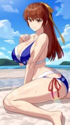 1girl big_breasts bikini blue_bikini blue_swimsuit breasts brown_eyes brown_hair cleavage closed_mouth cloud collarbone commentary dead_or_alive floral_print floral_print_bikini highres kasumi_(doa) large_breasts long_hair looking_at_viewer ponytail print_bikini side-tie_bikini_bottom smile solo swimsuit wet yagi2013 yagi2105