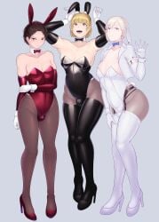 3boys black_hair black_high_heels black_latex black_leggings black_legwear blonde_hair bulge bulge_under_clothes bunny_boy bunny_costume bunny_ear bunny_ears bunnysuit crossdressing crossdressing_male crossed_legs femboy femboy_focus femboy_only femboydom femboysub fishnet_legwear fishnet_stockings forehead goodwell heels high_heels leggings medium_hair open_mouth open_mouth_smile otoko_no_ko otokonoko red_high_heels red_latex short_hair white_gloves white_hair white_high_heels white_latex white_legwear wide_hips