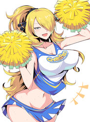 1girls 2020 abs alternate_breast_size alternate_costume alternate_hairstyle alternate_outfit armpits bangs blonde_hair breasts cheerleader cleavage cowboy_shot crop_top cynthia_(pokemon) eyebrows_visible_through_hair grey_eyes hair_ornament hair_over_one_eye hair_scrunchie half-closed_eyes highres human human_only large_breasts long_hair looking_at_viewer midriff miniskirt navel nintendo open_mouth pleated_skirt pokemon pokemon_dppt pom_poms ponytail scrunchie shirt sidelocks simple_background skirt sleeveless sleeveless_shirt smile solo suzusiigasuki sweat swept_bangs tagme text thick_thighs wet white_background wide_hips