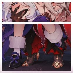 arlecchino_(genshin_impact) blush blushing dominant_female dubious_consent female female_focus female_only fucked_from_behind furina_(genshin_impact) genshin_impact heels hoyoverse implied_sex implied_sex_from_between_legs larger_female lick licking moshyuu shorter_female smaller_female submissive_female taller_female tongue yuri