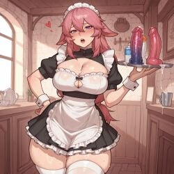 1girl 1girls ai_generated alternate_costume animal_ears black_dress blush cleavage_cutout clothing_cutout cowboy_shot cup curvy enmaided facial_mark floppy_ears frilled_apron frilled_dress frills genshin_impact hair_between_eyes hand_on_own_hip heart holding_tray hoyoverse huge_dildo indoors large_breasts looking_at_viewer maid_apron maid_headdress megasonek mug open_mouth patreon_username pink_hair puffy_short_sleeves puffy_sleeves purple_eyes pussy_juice saliva see-through sex_toy short_dress skindentation sweat thick_thighs waist_apron whisker_markings white_apron white_thighhighs wide_hips window wrist_cuffs yae_miko yae_miko_(genshin_impact)
