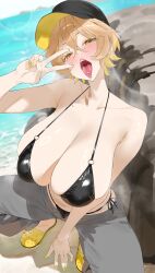 1girls big_breasts blush blushing blushing_at_viewer breasts breasts_bigger_than_head byeon_dha character_request collarbone curvaceous curvy curvy_female female female_focus female_only highres huge_breasts large_breasts light-skinned_female light_skin looking_at_viewer short_hair solo squatting tongue tongue_out tongue_piercing v vgen_commission virtual_youtuber