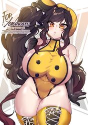 1girls armpits big_breasts bodysuit breasts chubby cleavage dark_hair female gijinka gradient_hair hair_ornament huge_breasts humanized large_ass looking_at_viewer mawile osiimi pokemon pokemon_(species) pokemon_rse revealing_clothes side_ponytail sideboob source_request text thick_thighs thighhighs url watermark wide_hips yellow_eyes