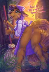 2020 absurd_res alternate_version_at_source anthro anus ass bodily_fluids broom brown_hair clothed clothing dialogue digital_media_(artwork) dimwitdog english_text female female_only genital_fluids genitals hair hi_res holding_object logical_journey_of_the_zoombinis looking_at_viewer looking_back mammal no_underwear pussy pussy_juice rodent sciurid solo talking_to_viewer text thick_thighs thighs ulla_instantaneous wide_hips