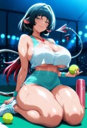 1girl ai_generated bokeh_background bra_visible breasts crop_top curvy elbow_gloves full_body gaddariat gloves huge_breasts jane_doe_(zenless_zone_zero) large_breasts looking_at_viewer navel patreon skirt slim_waist smile tennis_ball thermos voluptuous zenless_zone_zero
