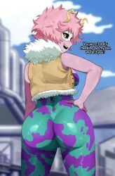 1girls ashido_mina ass ass_focus black_sclera boku_no_hero_academia female female_focus female_only hero_outfit_(mha) highres mendo0821 mina_ashido my_hero_academia pink_hair pink_skin shonen_jump skin_tight teenager thick_ass thick_thighs third-party_edit