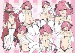 1boy areolae ass astolfo_(fate) ball_bulge balls balls_in_panties cape condom_on_penis covered_penis crossdressing erection fate/grand_order fate_(series) femboy flat_chest gaping_anus hair_ribbon high_heels large_ass long_hair male male_only micro_bikini panties panty_bulge penis penis_out pink_eyes pink_hair presenting_anus presenting_ass presenting_hindquarters small_balls small_penis smile solo squatting tommydashen trap white_legwear