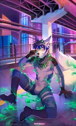 5_fingers anthro black_hair black_nose bodysuit canid canine canis clothing detailed_background fingers hair hi_res hihikori male male_only mammal night red_eyes slim solo star tight_clothing wolf