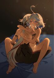 2girls arlecchino_(genshin_impact) clothed_sex drooling furina_(genshin_impact) genshin_impact legs_apart lesbians sex sitting_on_lap yuri