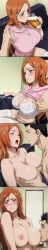 ai_generated angry_expression beer bleach blush bra breast_grab breast_sucking breasts_out cheating_girlfriend drinking drinking_beer embarrassed_nude_female eyes_closed father-in-law_and_daughter-in-law groping_breasts inoue_orihime isshin_kurosaki kurosaki_isshin long_hair moaning older_male_and_younger_female orange_hair sitting_on_couch white_bra
